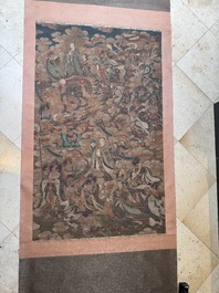 Chinese school: 'A sky full of Buddhist divinities', ink and colour on silk, 18th C.