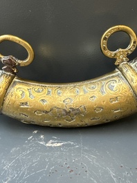 Three impressive flintlock muskets or 'moukahlas', two percussion pistols and three gunpowder horns, Morocco, 18/19th C.