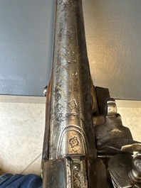 Three impressive flintlock muskets or 'moukahlas', two percussion pistols and three gunpowder horns, Morocco, 18/19th C.