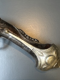 Three impressive flintlock muskets or 'moukahlas', two percussion pistols and three gunpowder horns, Morocco, 18/19th C.