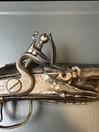Three impressive flintlock muskets or 'moukahlas', two percussion pistols and three gunpowder horns, Morocco, 18/19th C.