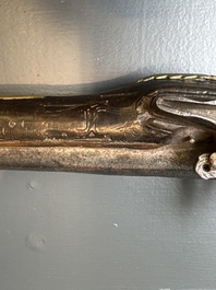 Three impressive flintlock muskets or 'moukahlas', two percussion pistols and three gunpowder horns, Morocco, 18/19th C.