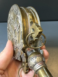 Three impressive flintlock muskets or 'moukahlas', two percussion pistols and three gunpowder horns, Morocco, 18/19th C.