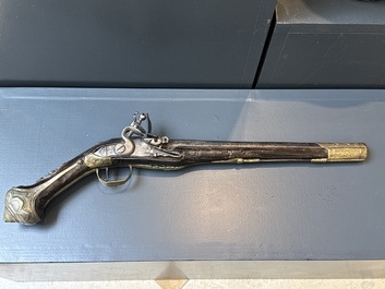 Three impressive flintlock muskets or 'moukahlas', two percussion pistols and three gunpowder horns, Morocco, 18/19th C.