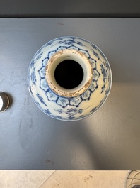 A Dutch Delft blue and white tea caddy with a pipe smoker, 18th C.