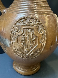 Two armorial stoneware jugs, Raeren, one dated 1586, 16/17th C.