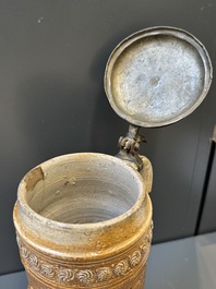 Two stoneware jugs with pewter lids, one with a coat of arms and dated 1636, Germany, 17th C.