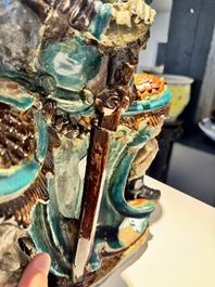An impressive and fine Chinese sancai-glazed biscuit Guandi, Ming, 17th C.
