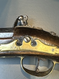 Three impressive flintlock muskets or 'moukahlas', two percussion pistols and three gunpowder horns, Morocco, 18/19th C.