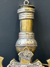 Three impressive flintlock muskets or 'moukahlas', two percussion pistols and three gunpowder horns, Morocco, 18/19th C.