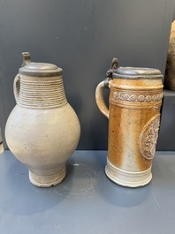 Two stoneware jugs with pewter lids, one with a coat of arms and dated 1636, Germany, 17th C.