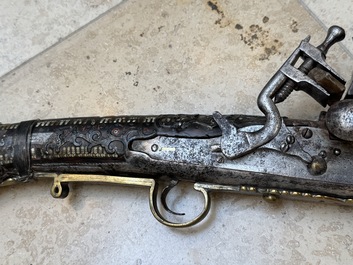 Three impressive flintlock muskets or 'moukahlas', two percussion pistols and three gunpowder horns, Morocco, 18/19th C.