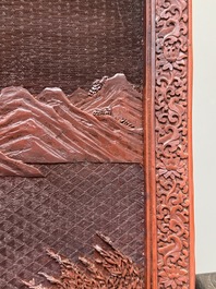 A rectangular Chinese carved red lacquer 'dragon' table screen, later wooden stand, Qianlong