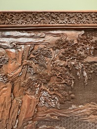 A rectangular Chinese carved red lacquer 'dragon' table screen, later wooden stand, Qianlong