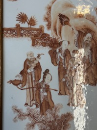 A Chinese four-part folding screen with iron-red-decorated porcelain plaques, 19/20th C.