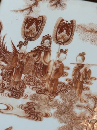 A Chinese four-part folding screen with iron-red-decorated porcelain plaques, 19/20th C.