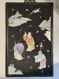 A pair of Chinese famille rose black-gravel-ground plaques, Jiaqing