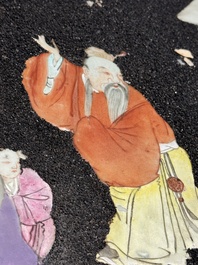 A pair of Chinese famille rose black-gravel-ground plaques, Jiaqing