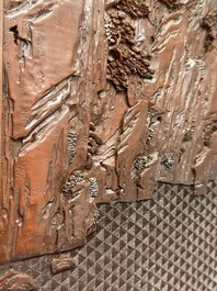 A rectangular Chinese carved red lacquer 'dragon' table screen, later wooden stand, Qianlong