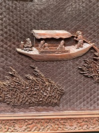 A rectangular Chinese carved red lacquer 'dragon' table screen, later wooden stand, Qianlong