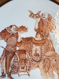 A Chinese four-part folding screen with iron-red-decorated porcelain plaques, 19/20th C.