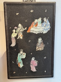A pair of Chinese famille rose black-gravel-ground plaques, Jiaqing