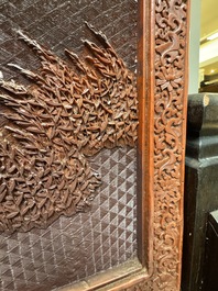 A rectangular Chinese carved red lacquer 'dragon' table screen, later wooden stand, Qianlong