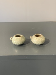A pair of Chinese Longquan celadon bird feeders, Song