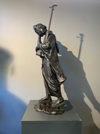 A large Japanese bronze okimono of a musician, Shinpūsei 森風聲作 mark, Meiji, 19th C.