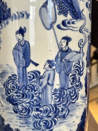 A fine Chinese blue and white sleeve vase with narrative design, Transitional period