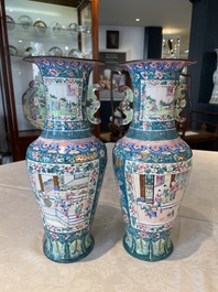 A pair of Chinese Canton enamel vases with narrative design, 19th C.