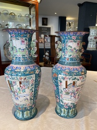 A pair of Chinese Canton enamel vases with narrative design, 19th C.