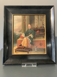 Canton school, workshop of Lamqua: 'Portrait of a Pipe Smoker', oil on canvas, 19th C.