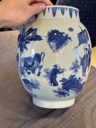 A Chinese blue and white vase with narrative design, Transitional period