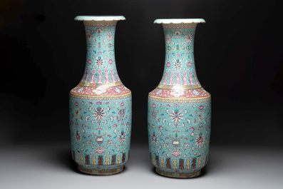 A pair of large Chinese famille rose turquoise-ground 'lotus scroll' vases, Guangxu mark and of the period