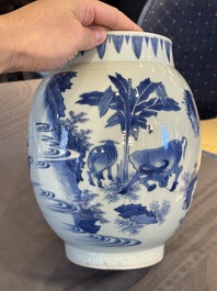 A Chinese blue and white vase with narrative design, Transitional period