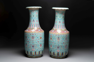 A pair of large Chinese famille rose turquoise-ground 'lotus scroll' vases, Guangxu mark and of the period