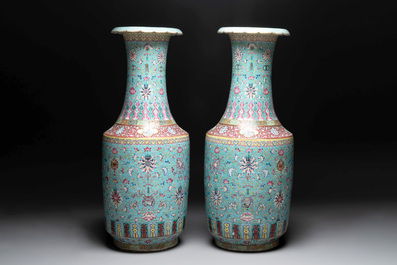 A pair of large Chinese famille rose turquoise-ground 'lotus scroll' vases, Guangxu mark and of the period