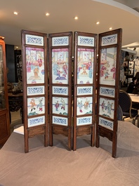 A Chinese four-part folding screen with famille rose plaques, 19th C.