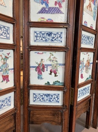 A Chinese four-part folding screen with famille rose plaques, 19th C.