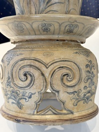 A rare Vietnamese or Annamese reticulated blue and white lotus vessel, 15/16th C.