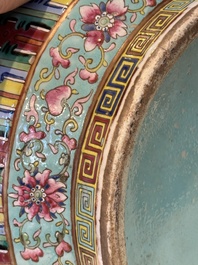 A pair of large Chinese famille rose turquoise-ground 'lotus scroll' vases, Guangxu mark and of the period