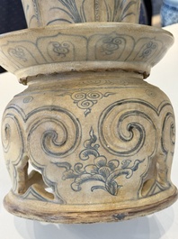 A rare Vietnamese or Annamese reticulated blue and white lotus vessel, 15/16th C.