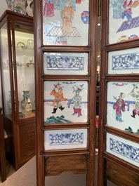 A Chinese four-part folding screen with famille rose plaques, 19th C.