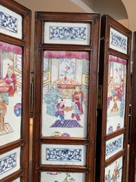 A Chinese four-part folding screen with famille rose plaques, 19th C.