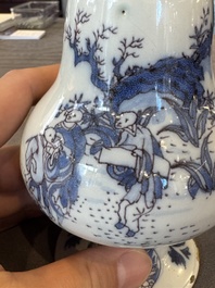 A Dutch Delft blue, white and manganese pear-shaped chinoiserie vase, late 17th C.