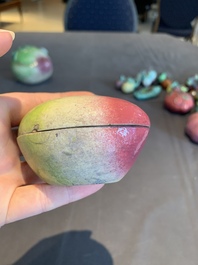 A collection of 12 Chinese famille rose fruit models, including a peach-shaped box and cover, 19th C.