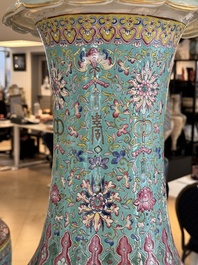 A pair of large Chinese famille rose turquoise-ground 'lotus scroll' vases, Guangxu mark and of the period