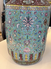 A pair of large Chinese famille rose turquoise-ground 'lotus scroll' vases, Guangxu mark and of the period