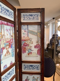 A Chinese four-part folding screen with famille rose plaques, 19th C.